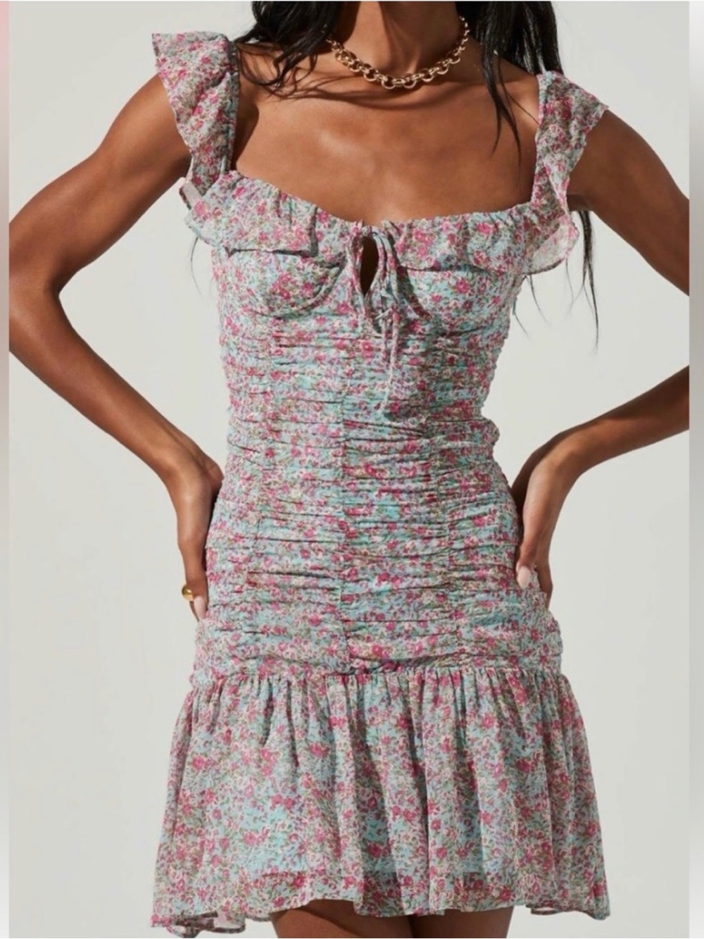 Astr the Label Teal Pink Floral Ruched Mini Dress